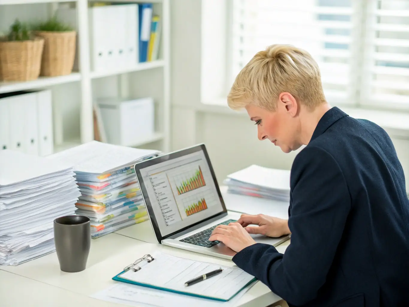 An accountant reviewing financial documents with a computer and ledger, symbolizing meticulous bookkeeping.