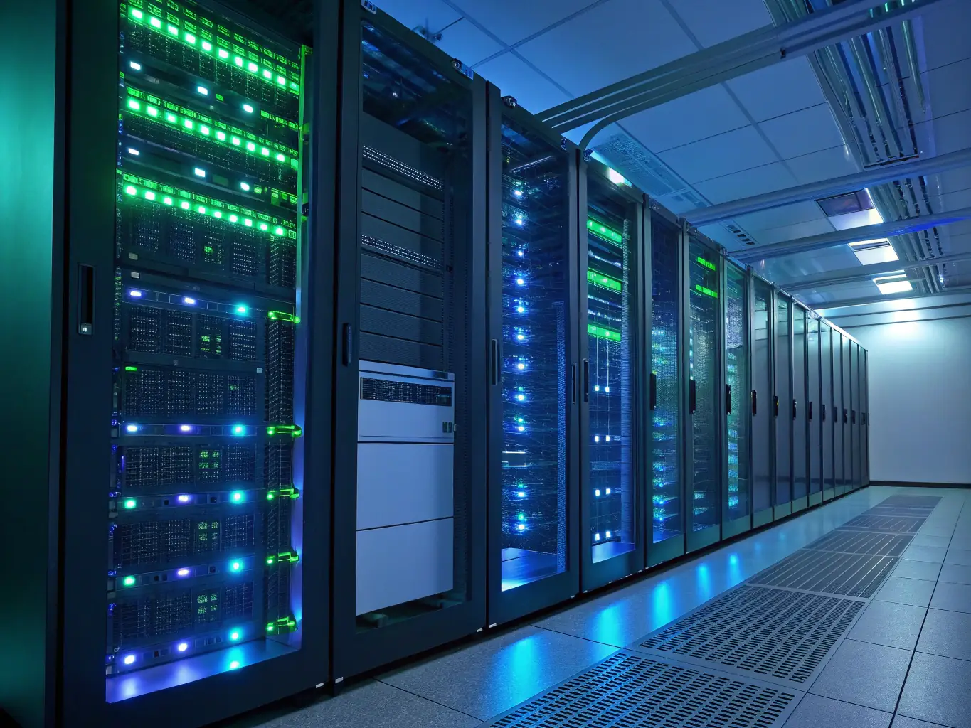 A secure server room with glowing lights and visible data streams, representing the reliability and security of Księgowość Bilans' services.