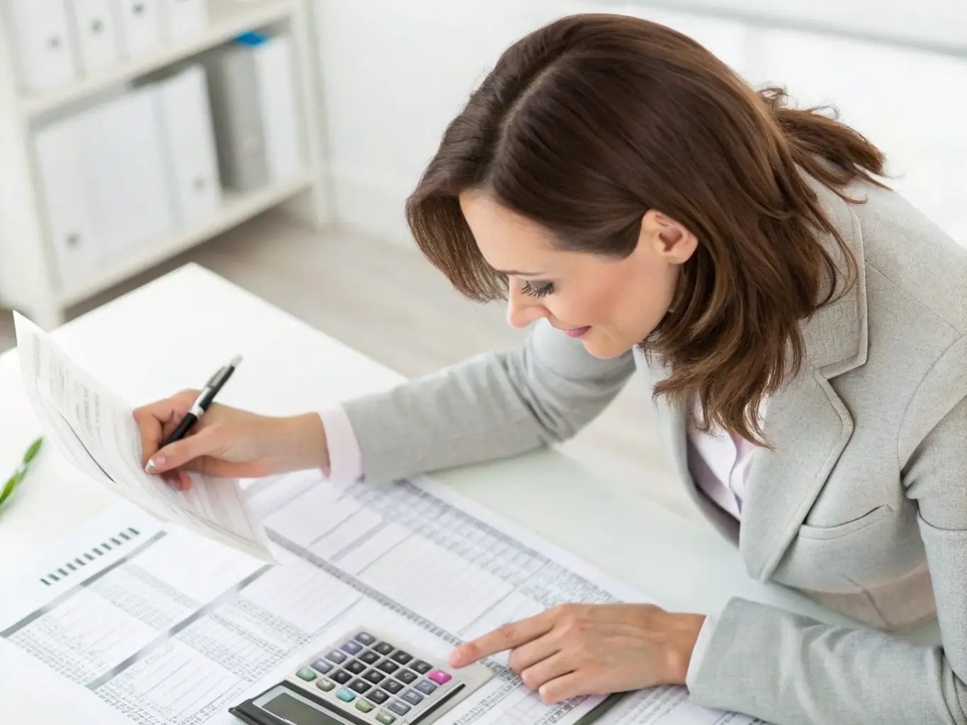Tax advisor analyzing financial documents and tax forms, symbolizing expert tax management.