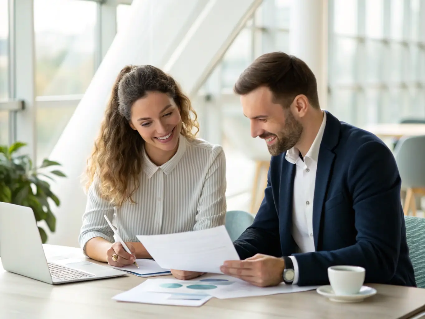 A professional accountant providing expert advice to a business owner in a modern office setting, symbolizing personalized service.