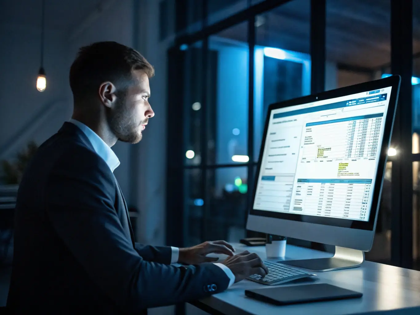HR professional reviewing employee payroll data on a computer screen, emphasizing precision and reliability.